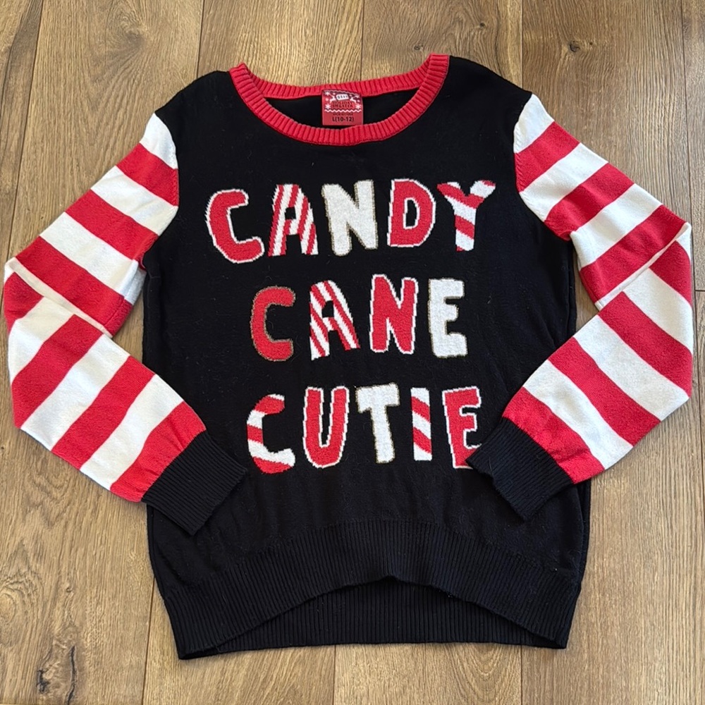 Black and Red Holiday Sweater with Candy Cane Design